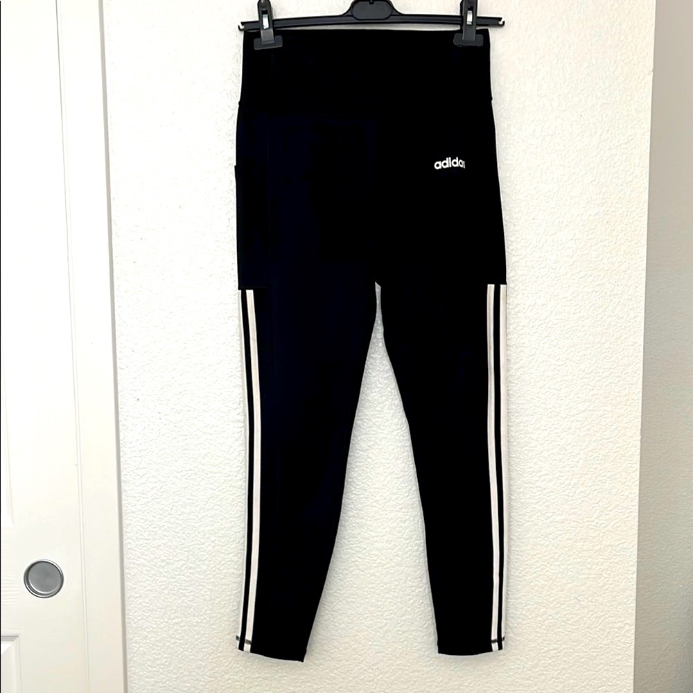 ADIDAS Black Leggings with side White Stripes. Size M